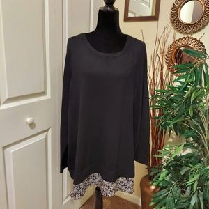 Black Tunic Length Sweater Layered w/Black & White Pattern